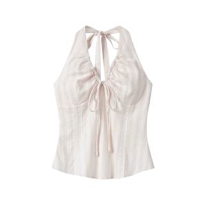 YUEZHONGWEI | Áo ba lỗ không tay màu hồng kiểu Pháp cho nữ mùa hè gợi cảm ôm vừa vặn hở lưng cổ chữ V Áo khoác ngoài thường ngày