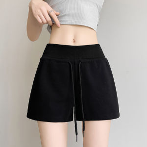 Miiow | Black High Waist A-Line Elastic Sports Shorts Cat Person Summer New Outwear Three-Quarter Length Pants Polyester Cotton Spandex Blend