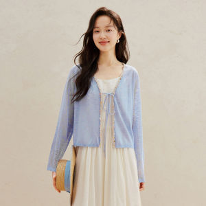 INMAN | Áo Cardigan Len Đan Kiểu Pháp Cổ V Kéo Dây Có Đính Hạt