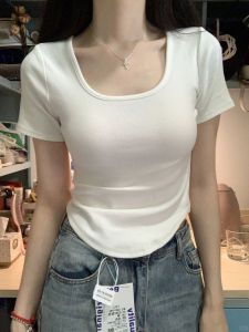 Slim Fit Short Sleeve U-Neck T-Shirt Womens Fashion Spring 2024 Pure Color Commute Style Inner Wear Casual Short Top