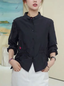 QINGNAER | Retro Elegant Fashionable Plus Size Women Shirt Black Pleated Waist