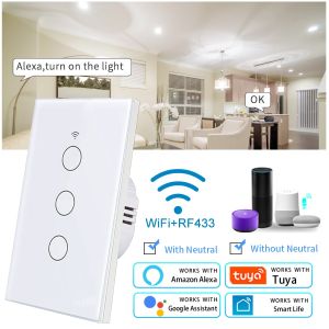Tuya Smart Switches US Neutral Wire/No Neutral Wire Required 1/2/3/4 Gang Light WiFi Touch Switch Work with Alexa Google Home