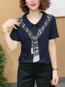 QINGNAER | Slimming Floral Polo Bowtie Sleeve Cover T-Shirt