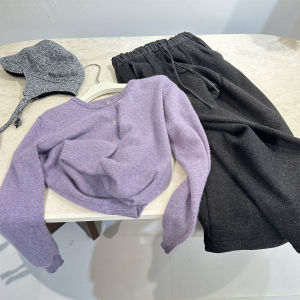 Smoke Purple Knitted Open Cardigan Womens Autumn Winter Layering Soft Loose Inner Wear Outer Style Nylon Blend Faux Fur