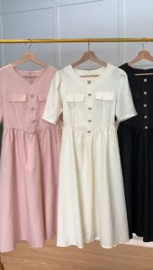 D11482 Duo Pockets V Waist Waffle Dress