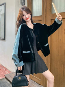 Unique Color Block Velvet Jacket Womens Autumn New Sweet Cool Style Jeans Outerwear Loose Fit round Neck Button Closure