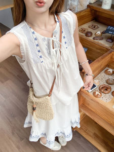 Beach Resort Style French White Sleeveless Vest Top Summer Embroidered Set