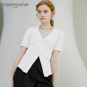 Summer New Knot V-neck Solid Color Short Sleeve T-shirt Womens Small Size Elegant Design Slimming Split Top Korean Style