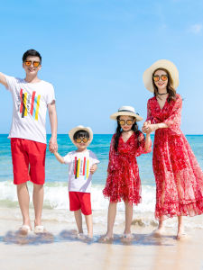 A Family of Three Seaside Holiday Parent-Child Dress Dress Mother-Daughter Matching Outfit Desert Beach Dress Red Fashionable Dress Classy