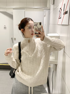 เสื้อสเวตเตอร์ถักผสมขนสัตว์แบบมีซิปครึ่งตัวสำหรับผู้หญิง ลายปักลายดอกไม้ สีเหลือง ทรงหลวม แขนยาว ปกติ แขนยาว ปกติ