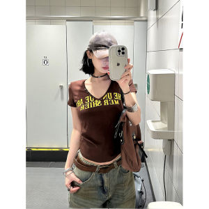 Slim Fit Short Sleeve T-Shirt Womens Summer V-Neck Printed Casual Style Breathable Sweat Absorbent Fashionable Top