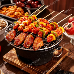 28cm Heavy-Duty Cast Iron BBQ Stove Set with Grill Net & Wooden Base Portable Charcoal Grill for Home & Outdoor