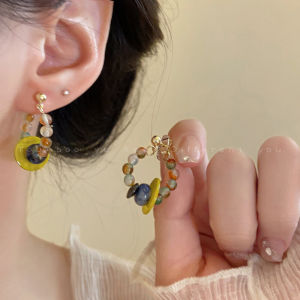 New Chinese Retro Colorful Beaded Hoop Earrings Womens Ethnic Style Fashionable Stud Earrings High-End Feeling Ear Jewelry