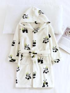 Thickened Fleece Plush Childrens Sleep Robe with Hat Cartoon Panda Design Home Wear Bath Robe for Boys And Girls