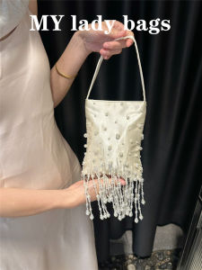 French Vintage Woven Beaded Pearl Bucket Sequin Satin Tassel Dumpling Evening Shoulder Bag Small Square Bag Daily Use