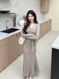 Elegant Knitted Long Sleeve V-Neck Wrap Dress Womens Autumn New Style Slimming Floor-Length Dress Fashionable And Stylish