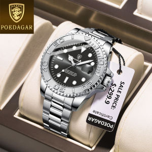 POEDAGAR men sports watches original waterproof new fashion stainless steel rotating digital calendar dial quartz watch gold/grey