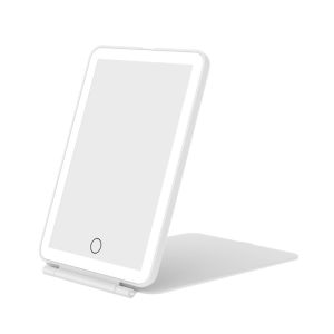 LED Foldable Travel Makeup Mirror 3 Colors Light Modes USB Rechargeable Touch Screen Portable Tabletop Cosmetic Mirror White