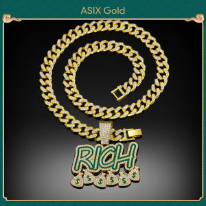 ASIX GOLD Hip Hop Cuban Necklace With RICH Letter Diamond Paved Long Chain For Men Fashion Cool Guy Lucky Jewelry 916 24K 18K Gold Plated Tarnish Free Waterproof Hypoallergenic Perfect Gift