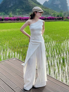 YUEZHONGWEI | Irregular Off-Shoulder Halter Neck White Ice Silk Knit Tank Top for Women Summer Wear Slimming