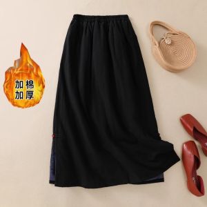 Thickened Cotton Linen Half Skirt Mid-Length A-Line Vintage Style Womens Autumn Winter Fashion High Waist Pure Color Skirt