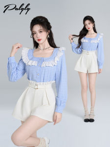 Sweet Korean Style Blue Plaid Doll Shirt Womens Spring 2025 Design Short Lace Top Polyester Viscose Cotton Blend Long Sleeve