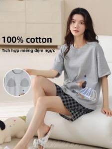 MiiOW | Bộ đồ ngủ cotton nguyên chất mùa hè cho nữ có đệm ngực MiiOW phong cách đơn giản quần short tay ngắn mặc ở nhà