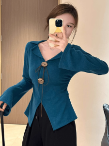 plus Size Blue V-Neck Knitwear Womens Outerwear Slimming Waist Design Autumn New Style Comfortable Fit Long Sleeve Top