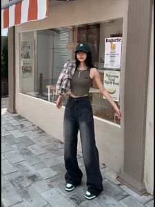 FASHLOVER Retro Wide Leg Jeans Women High Waist Straight Leg Jeans Commuting Versatile Jeans