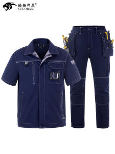 Mens Summer Thin Cotton Short Sleeve Workwear Set Breathable Lightweight Factory Workshop Uniform Electric Welding Protection Suit