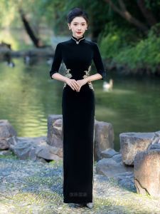 ชุดกี่เพ้าผ้ากำมะหยี่สีทองยาว ชุดราตรียาวหรูหรา สง่างาม ลำลอง ชุดการแสดง ชุดรับประทานอาหาร ชุดราตรี เดรสยาว