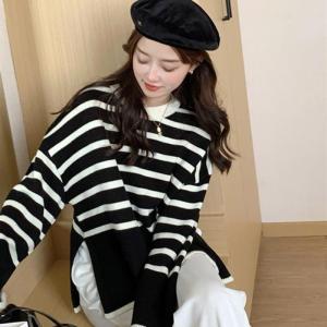 Retro Striped Womens Knitwear Long Sleeve Loose Fit Slimming Lazy Style Autumn Winter New Arrival Korean Version Open Split Top