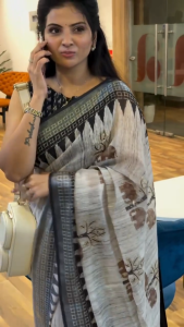 Elegant Digital Printed Soft Linen Saree with Silver Jari Border