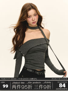 Ariseism American Style Hot Girl Design Striped One Shoulder Long Sleeve T-Shirt Womens Slim Fit Shoulder Exposure Top