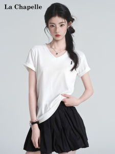 La Chapelle | Slimming Embroidered White V-Neck T-Shirt