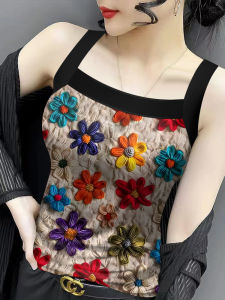 Áo Ba Lỗ Không Tay Ice Silk Thread Cao Cấp Cho Nữ Mùa Xuân Thu Hè Ôm Vừa Vặn Đa Năng Áo Ba Lỗ Cổ Chữ V in Họa Tiết Hoa