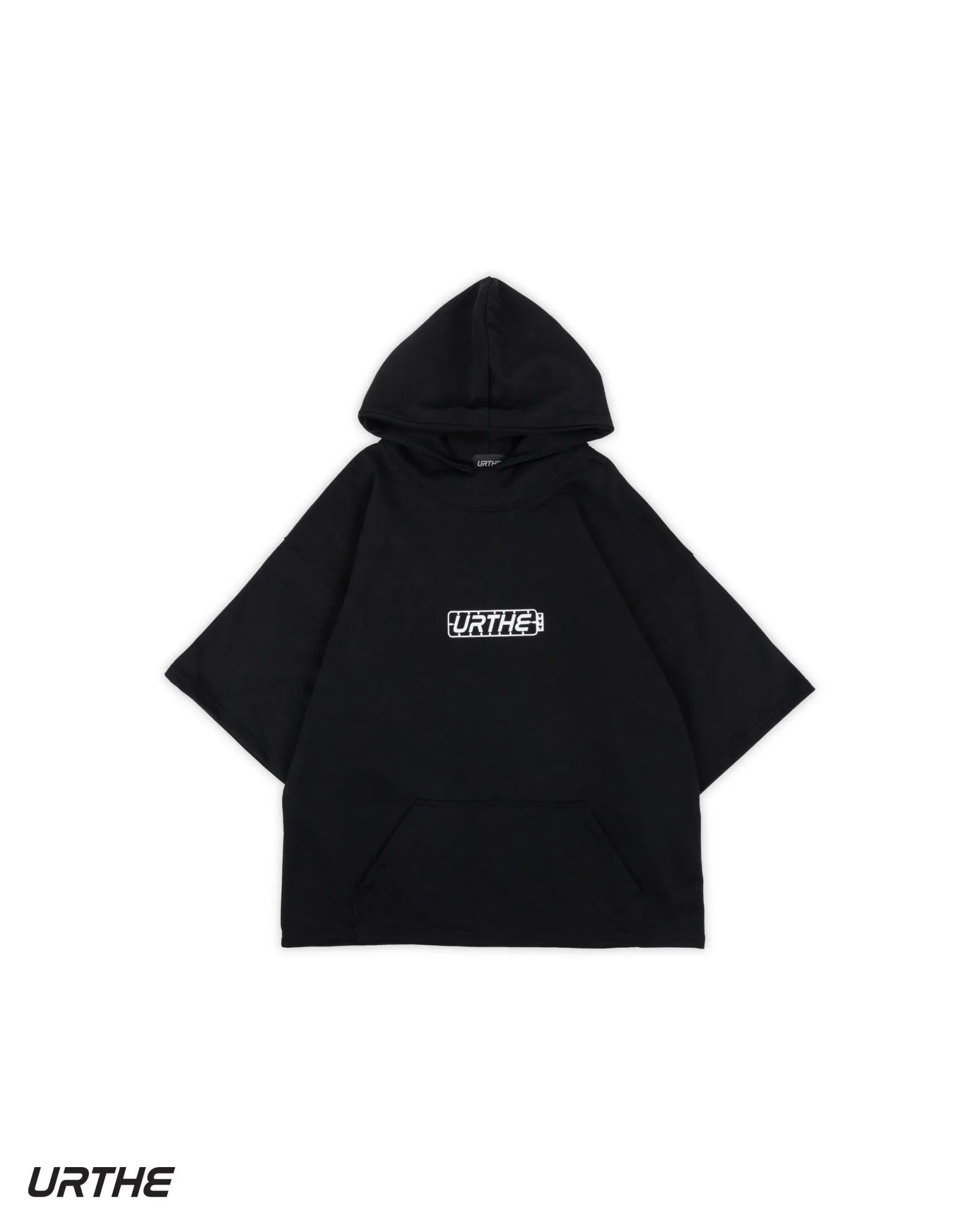 URTHE - เสื้อฮู้ด แขนสั้น OVERSIZE สกรีนลาย รุ่น THE PART HOODIE สีดำ สีขาว สีม่วง สีน้ำตาล