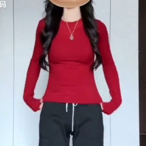 เสื้อยืดคอกลมแขนยาวทรงสลิมฟิตผ้าฝ้ายแท้สำหรับผู้หญิง ฤดูใบไม้ร่วง 2024 ทรงสั้น สีขาว เสื้อชั้นในสุดเก๋ ทรงหวานและเผ็ดร้อน