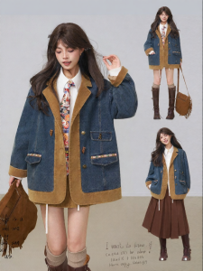 KEIKO | Áo Khoác Cổ Bẻ Phối Nỉ và Jeans Vintage Nữ Thu