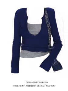 Plus Size Fat Sister American Casual Contrast Colors False-Two-Piece Tops Womens Autumn New Arrival Silm Slim Looking Bottoming Shirt T-shirt