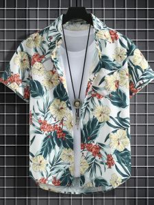Summer Mens Short Sleeve Floral Shirt Thin Casual Beach Style Vintage Hawaii Port Wind Shirt Top for Youth Ice Sensation
