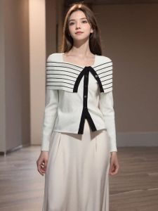 Áo Len Dệt Kim Ôm Vừa Vặn Thời Trang Xuân 2024 Cho Nữ Áo Sơ Mi Kẻ Sọc Đen Trắng Thiết Kế Hai Mảnh Đa Năng Thời Trang