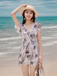 Couples Style Vacation Onsen Swimsuit Womens One-Piece High Waist Slimming Skirt Design Floral Print Casual Swimwear