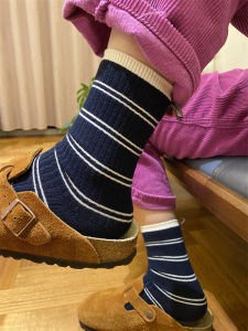 ถุงเท้าผู้หญิงลายทางบล็อกสีสไตล์วิทยาลัย  ขี้เกียจเกาหลี ผ้าฝ้าย เย็บคู่ ถุงเท้าถึงกลางน่อง ถุงเท้าจํานวนมาก