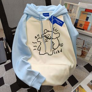 Cute Dog Line American High Street Trend Hoodie Womens Autumn Winter Fleece Splicing Loose Commuting Top Streetwear