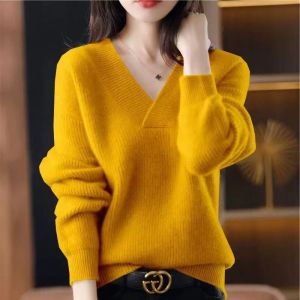 Womens V-neck Knitwear Loose Fit Thickened Hooded Sweater Pure Color Korean Style Long Sleeve Commute Suitable Autumn Winter
