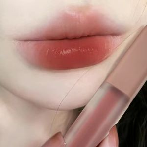 Long-Lasting Matte Rose Caramel Powder Fog Lip Glaze Fine Tube Lipstick Women Students Lip Mud Non-Stick Cup Lip Gloss
