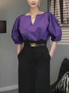 Elegant Purple Lantern Bubble Sleeve V-Neck Top Women Summer Fashionable Personality Short Sleeve Korean Style Commute Wear