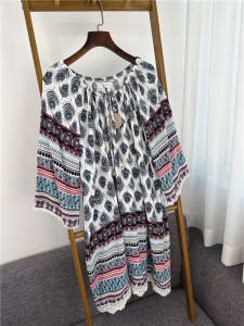 ชุดเดรสยาวผ้าไหมคอตตอนระบายอากาศสบายสไตล์โบฮีเมียนฤดูร้อน แขนยาว กระโปรงทรงเอ ลายดอกไม้ สไตล์เรโทร สวมใส่สบาย