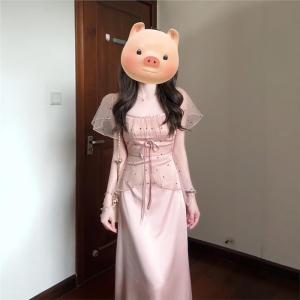 French Gentle Style Polka Dot Satin Dress Women Summer High Design Sense Waist Cinching Long Skirt Mesh Splicing A-Line Dress